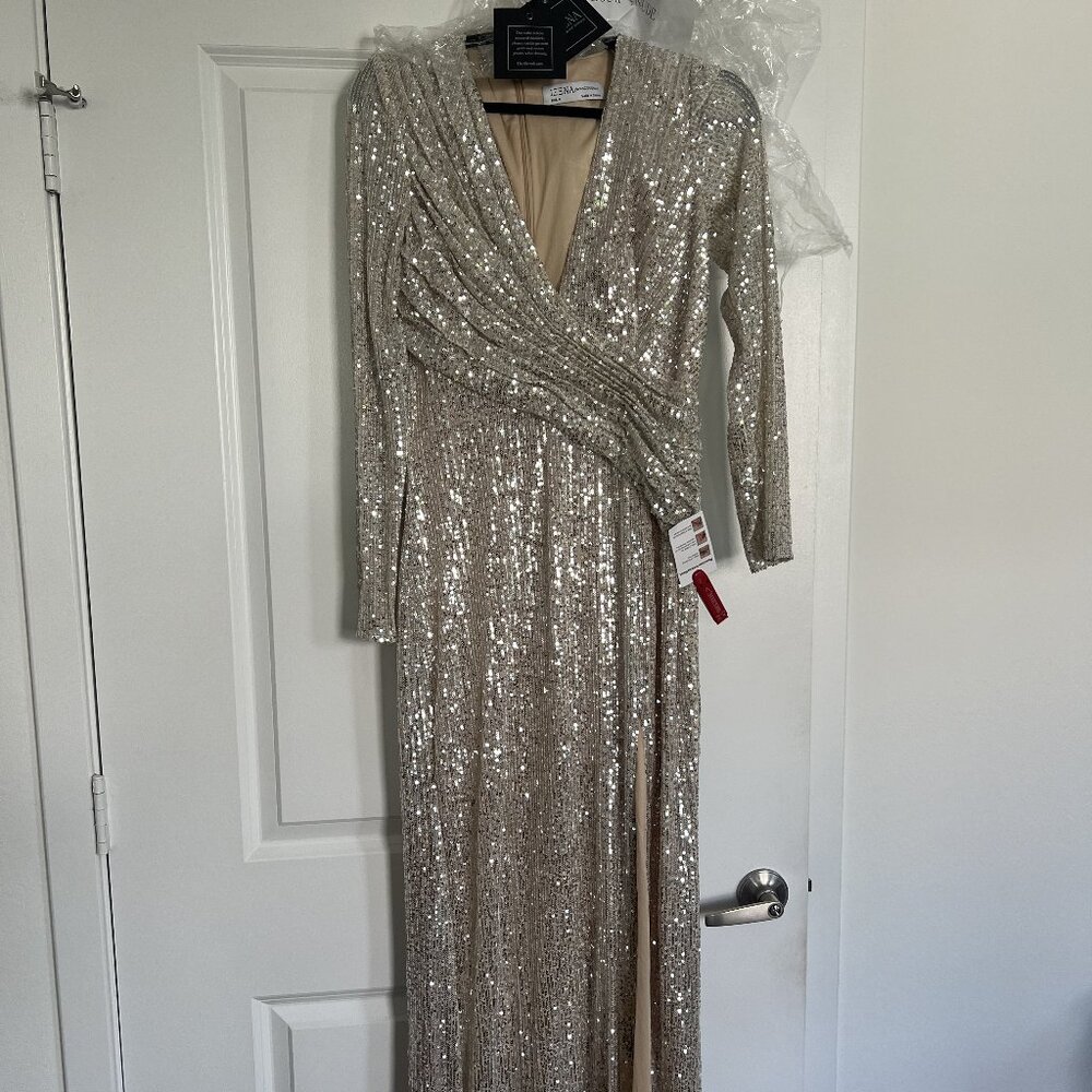 Mac Duggal Ieena Sequined Long Sleeve Faux Wrap Ruched Gown- NEVER WORN